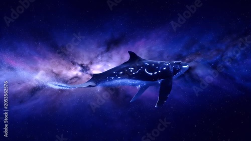 Whale swimming through the cosmos, a celestial journey among the stars and nebulae, fantasy art