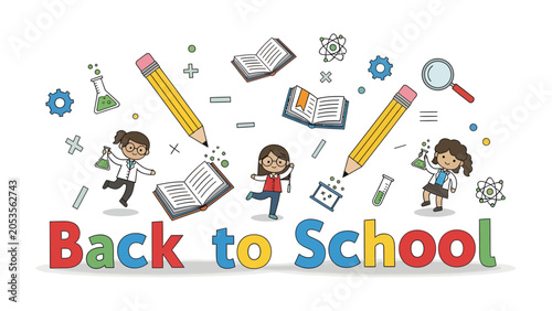 Foto Back to School Supplies: A vibrant illustration depicts children excitedly returning to school, surrounded by essential school supplies like pencils, books, beakers, and microscopes