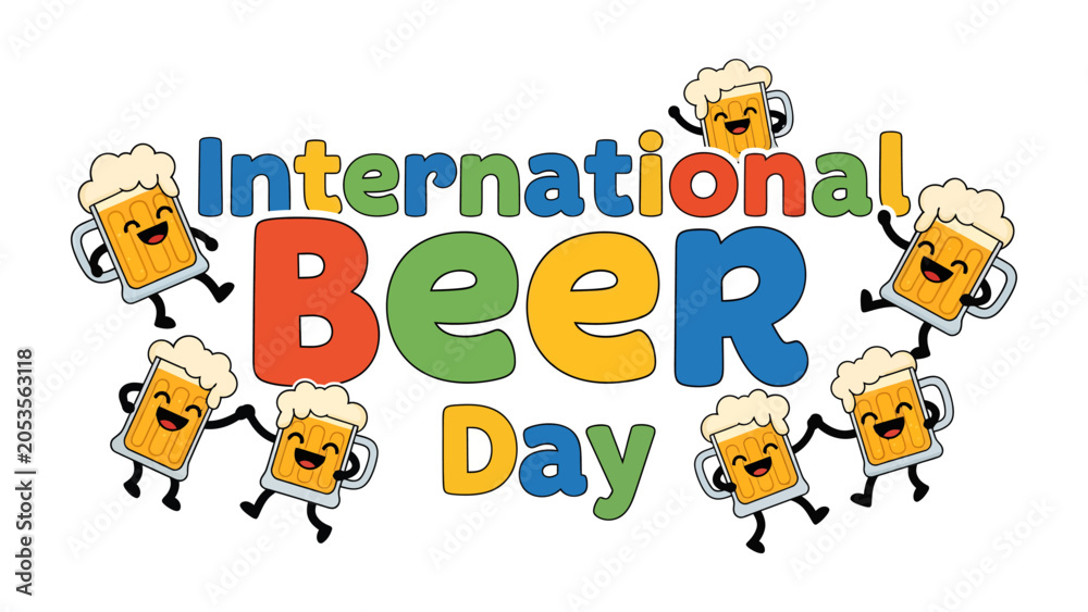 Fototapeta premium International Beer Day Celebration: A cheerful illustration celebrating International Beer Day, featuring the text International BEER Day surrounded by animated beer mugs full of frothy beer.