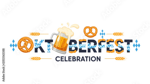 Konstfotografi Oktoberfest Celebration Text Art: Artistic lettering spells out Oktoberfest Celebration with a frothy beer mug, pretzels, and wheat stalks, embodying the spirit of the famous German festival