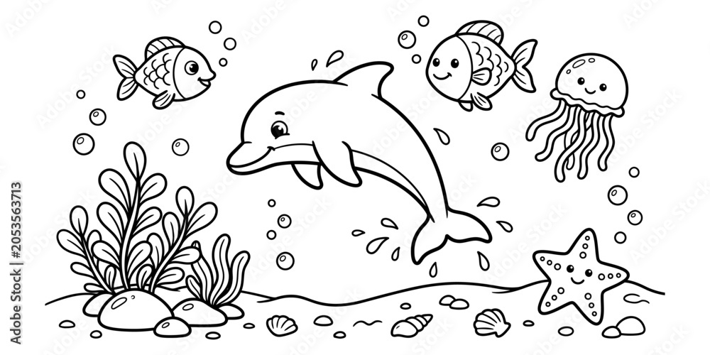 Fototapeta premium Ocean life coloring page dolphin fish jellyfish and starfish for kids and adults