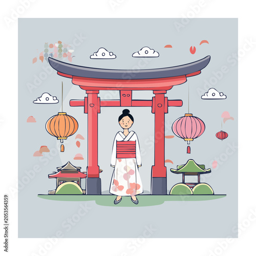 Stylized Torii Gate Illustration with Woman