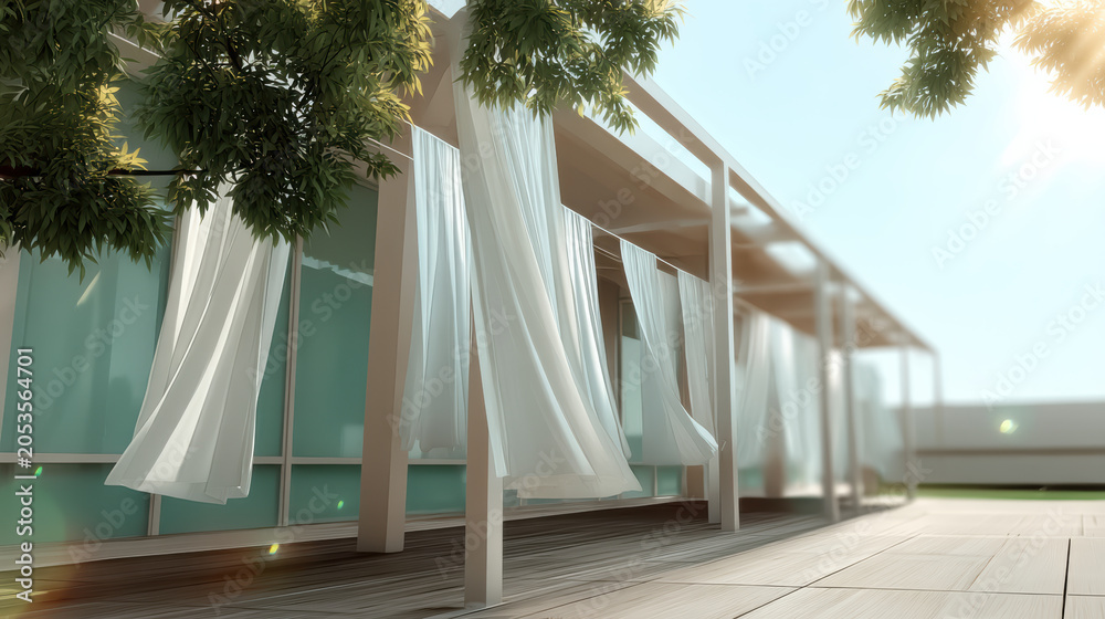 Naklejka premium Rooftop terrace pergola curtain sunlight modern architecture patio with white fabric drape, wooden deck, glass facade, calm summer mood