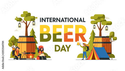 Konstfotografi International Beer Day Celebration: Vibrant illustration depicting a festive outdoor celebration for International Beer Day, with people camping, enjoying bonfires