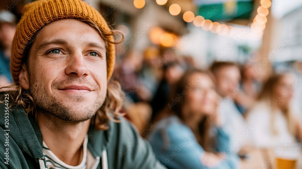 Obraz premium A cheerful young man with curly hair and a beanie smiles while enjoying coffee in a bustling café, embodying joy and community in a lively atmosphere.