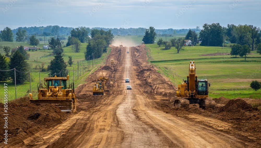 Naklejka premium Heavy machinery on a long, dusty dirt road construction project