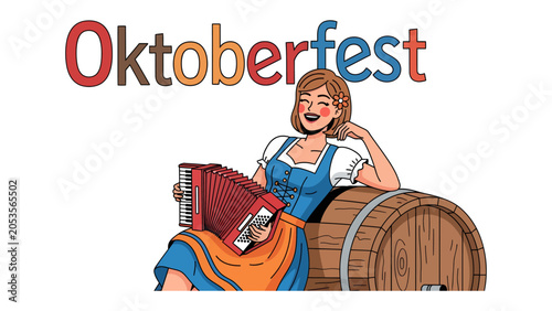 Tableau sur toile Oktoberfest Celebration: A joyful woman in traditional Bavarian attire plays an accordion while sitting on a beer barrel, celebrating Oktoberfest with a cheerful expression