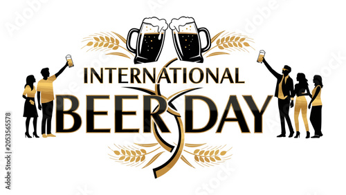 Fotografie International Beer Day Celebration: A vibrant graphic depicting people toasting with frothy beer mugs, celebrating International Beer Day amidst wheat stalks and bold typography