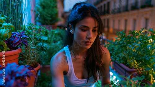 Focused Latina Woman Nurturing Terracotta Pots with Healthy Green Plants, Conveying Passion and Care in a Sunlit Indoor Garden
