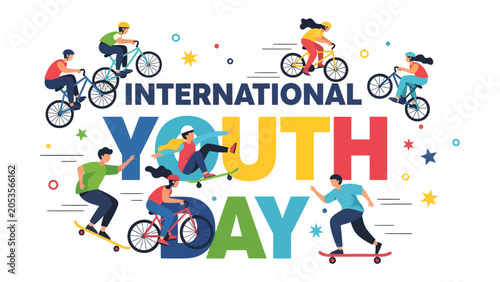 Slika na platnu International Youth Day Celebration: A vibrant illustration depicts young people actively enjoying International Youth Day, engaging in activities like cycling and skateboarding