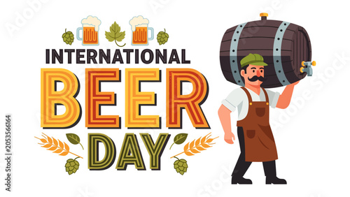 Konstfotografi International Beer Day Celebration: A cheerful depiction of International Beer Day, featuring a jovial brewer carrying a large beer barrel, surrounded by hops, barley, and frothy beer mugs