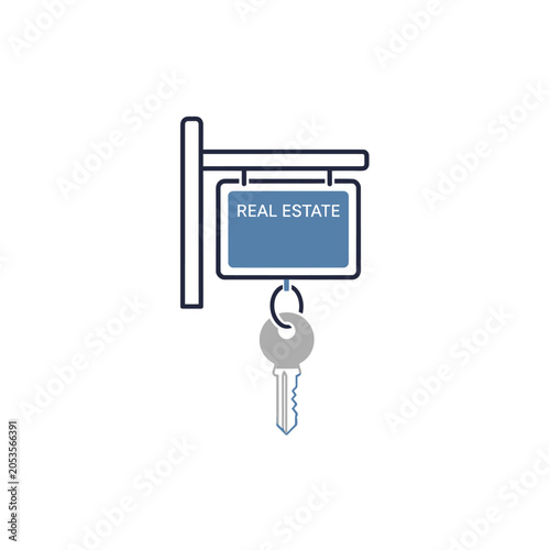 Real Estate Sign with Key Symbolizing Property Ownership.