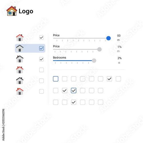 Real Estate Property Search Interface with Filters and Sliders.