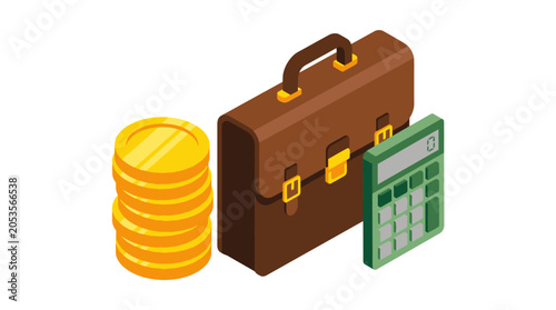 Business briefcase with coins and calculator isometric illustration.