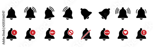 Tablou pe pânză Notification Bell Icon Collection for Alerts, Reminders and Message Updates, Ringing Alarm Symbol Set, Flat Vector Illustration