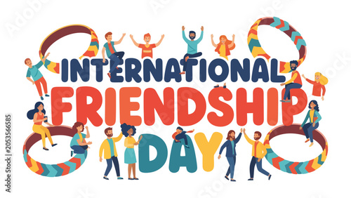 Fotografija International Friendship Day: A vibrant illustration celebrates International Friendship Day with diverse people linked by colorful bracelets, conveying unity and global connection