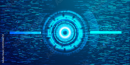 Foto Abstract data transmission background with glowing digital particles and central cybernetic portal interface
