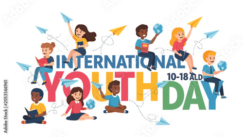 Cuadro en lienzo International Youth Day Celebration: A vibrant illustration depicting diverse children and teenagers celebrating International Youth Day, engaging in activities like reading