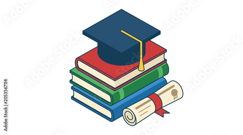 фотографія Graduation Cap On Stack Of Books With Diploma Scroll.