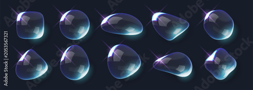 Collection of ten translucent blue glass bubbles and liquid droplets in various organic and geometric shapes with bright cyan highlights and purple lens flares on dark background.