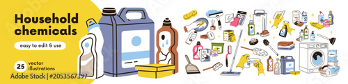 Household chemicals, equipment and clean products set. Housework tools, clean...