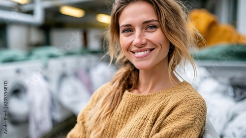A young woman with a bright smile poses in a vibrant laundry room, showcasing joy and authenticity amidst the everyday chore of doing laundry.
