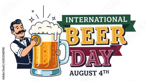 Cuadro en lienzo International Beer Day Celebration: A dapper bartender with a mustache polishes a large frothy beer mug, accompanied by festive text celebrating International Beer Day on August 4th