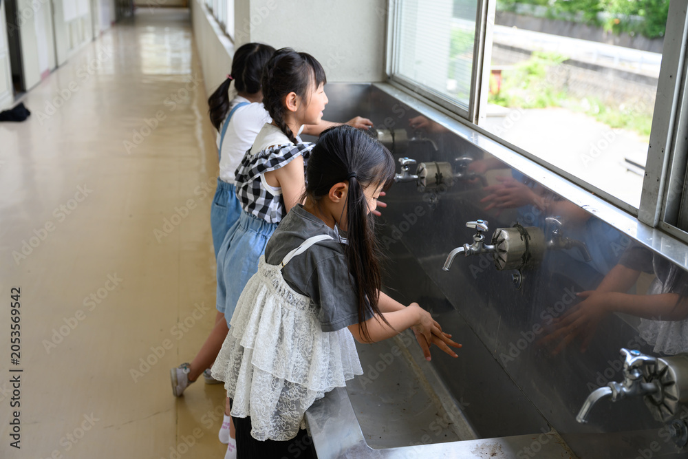 Obraz premium 学校の水道場で丁寧に手を洗う女子小学生たち