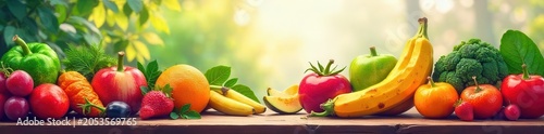 A vibrant and colorful illustration of various fruits and vegetables arranged together on a table, vegetarian, illustration