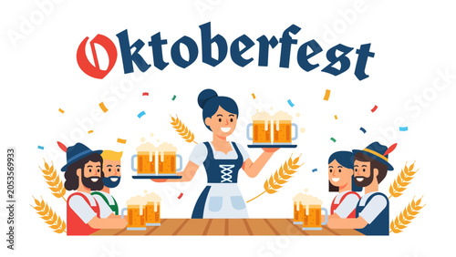 Canvastavla Oktoberfest Celebration: A cheerful woman in traditional attire serves frothy beer mugs to smiling patrons at an Oktoberfest celebration, surrounded by wheat stalks and confetti