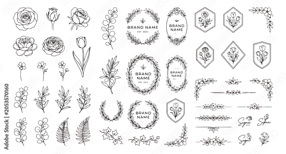 Fototapeta premium Minimalist botanical line art collection, hand drawn floral logo elements and wreaths, elegant black ink flower illustrations for wedding branding