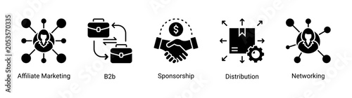 Foto Affiliate network icon set with sponsorship,distribution,and partnership icons for business collaboration and marketing growth projects