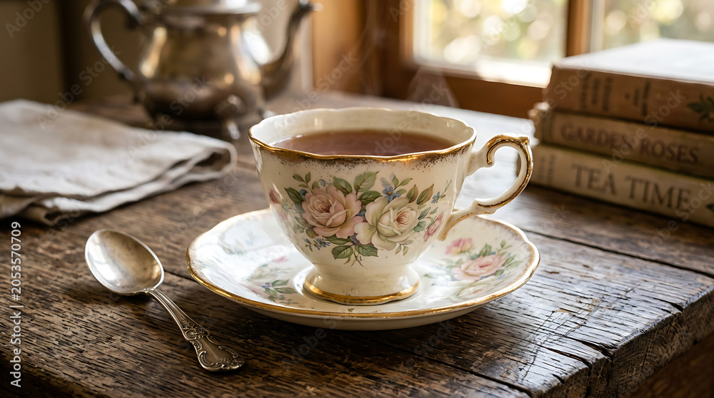 Fototapeta premium Luxury royal tea cup and saucer, gold embossed patterns, marble table surface, dramatic lighting, cinematic product photography, high detail reflections, premium aesthetic