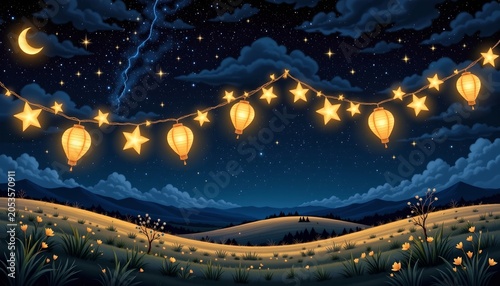 Enchanted Night Scene with Lanterns and Twinkling Stars