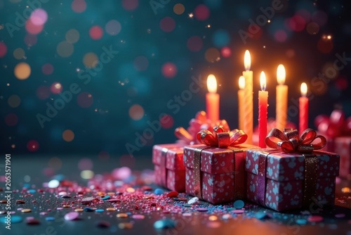 Glittery confetti, presents, and number candles , abstract, celebration