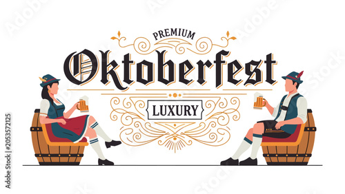 Tablou pe pânză Oktoberfest Celebration: A stylized illustration depicts a man and woman in traditional Bavarian attire, seated on wooden barrels