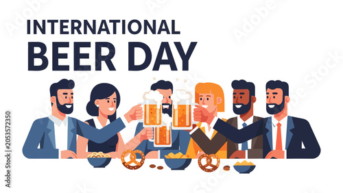 Obraz na płótnie International Beer Day Celebration: A group of diverse people raise their glasses in a toast to celebrate International Beer Day, enjoying drinks and snacks in good company