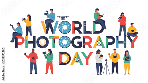 Fotografie World Photography Day Celebration: A vibrant illustration depicts a diverse group of people engaging in photography on World Photography Day, surrounded by creative imagery and equipment