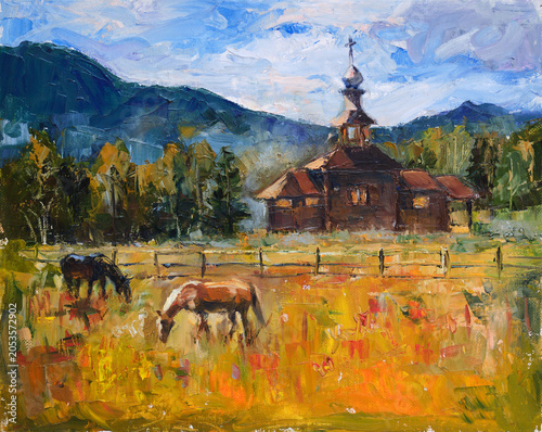 Landscape with grazing horses and old church. Oil painting on canvas.