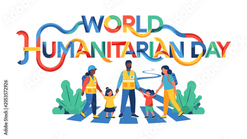 Foto World Humanitarian Day Celebration: A vibrant illustration depicts World Humanitarian Day, showcasing diverse volunteers guiding children across a street, symbolizing hope and global solidarity