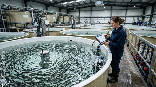 A professional technician uses a digital tablet to monitor fish health and water quality in a high-tech land-based aquaculture facility.