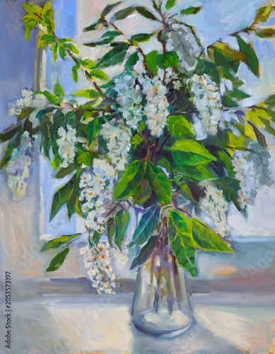 Bouquet of bird cherry in a glass vase on windowsill. Oil painting on canvas