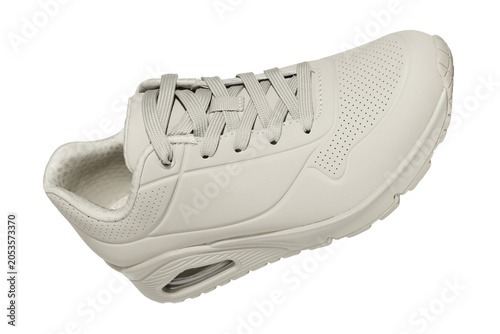 A modern white sneaker with a high-quality rubber soft comfortable sole and laces.