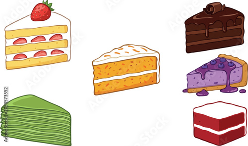 Bild auf Leinwand Delicious cake slices vector illustration set with strawberry shortcake chocolat