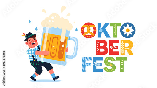 Schilderij op canvas Oktoberfest Celebration: A cheerful man in traditional Bavarian attire carries a giant mug overflowing with frothy beer, celebrating Oktoberfest with joy and revelry