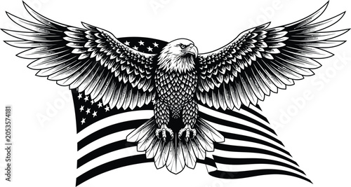 Majestic Bald Eagle with Spread Wings Flying Over Waving American Flag, Patriotic USA Symbol Illustration for Independence Day, Freedom and National Pride Concept