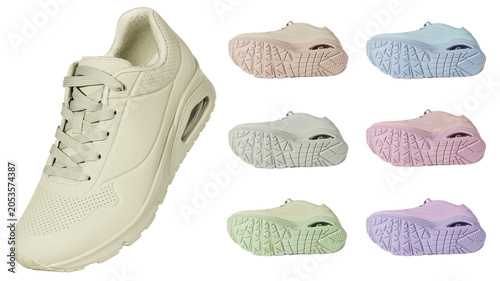 A sports sneaker with a range of surface colors from a shoe catalog. Example of sneaker catalog design.