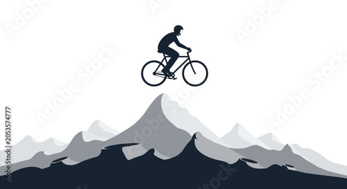 Schilderij op canvas Cyclist silhouette on mountain peak, extreme sport adventure, outdoor activity