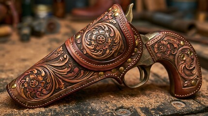 Ornate Leather Holster with Vintage Revolver