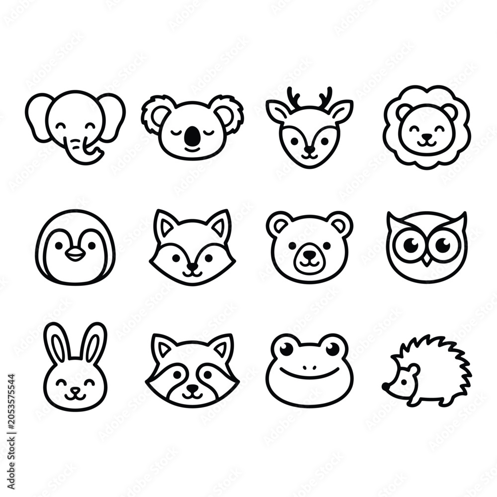 Fototapeta premium Set of 12 Black Line Art Animal Icons for Infographics and Web Design isolated on white background